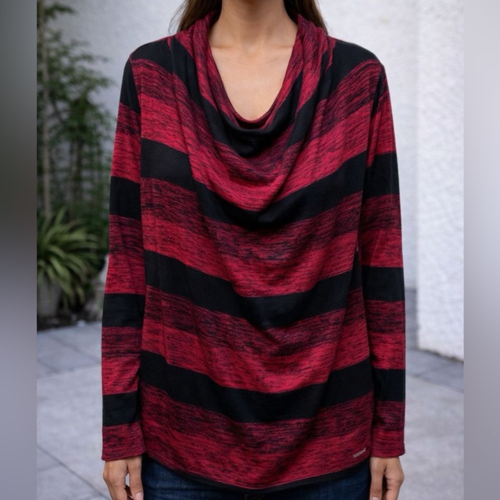 Michael‎ Kors Sweater Womens Large Red Black Stripe Cowl Neck Long Sleeve New